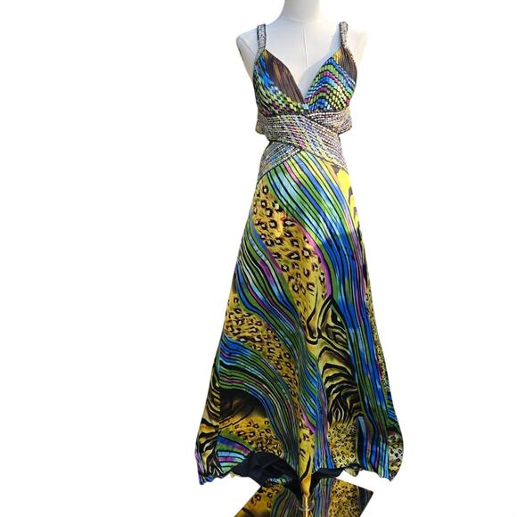 Cache Vtg 90s Y2K Fairy Silk Seqins Evening Gown 8 Multicolor Print Maxi Dress - Picture 1 of 12